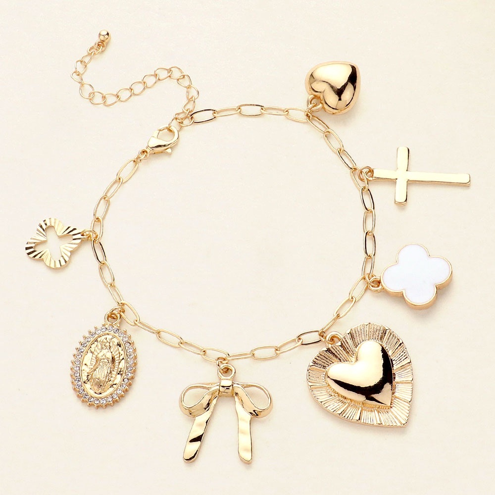 Quatrefoil Heart Bow Cross Charm Station Bracelet